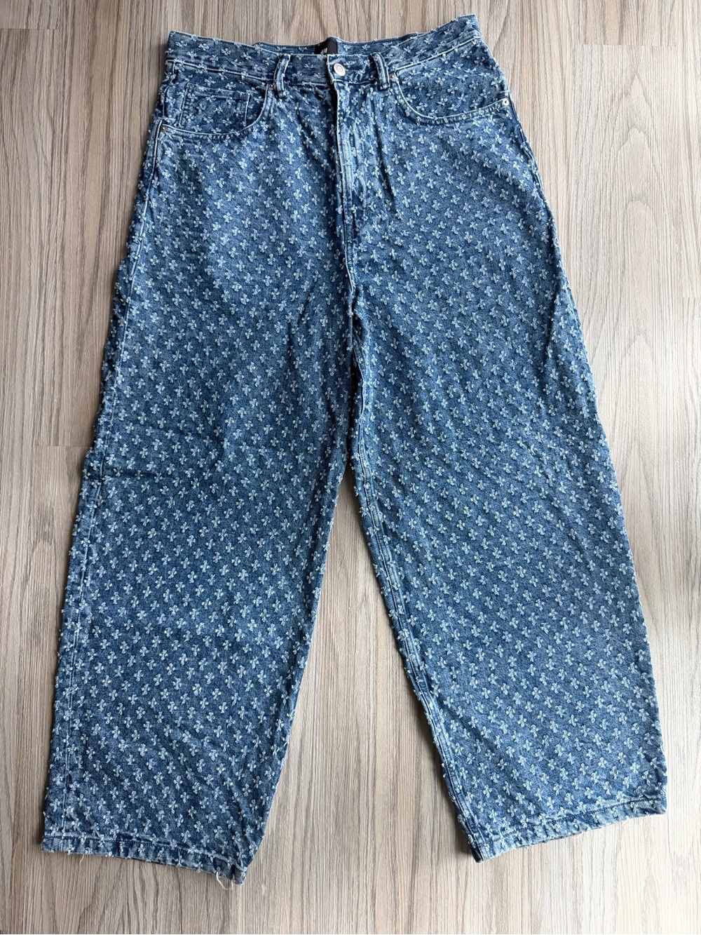 H&M Blue Patterned Relaxed Wide-Leg Jeans